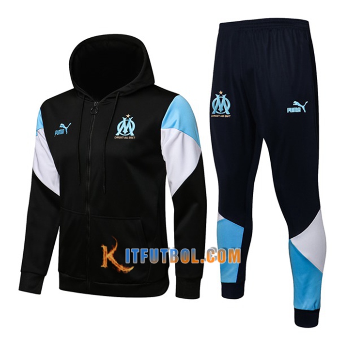 Chaqueta Con Capucha Chandal Marsella OM Negro/Blanca/Azul 2021/2022