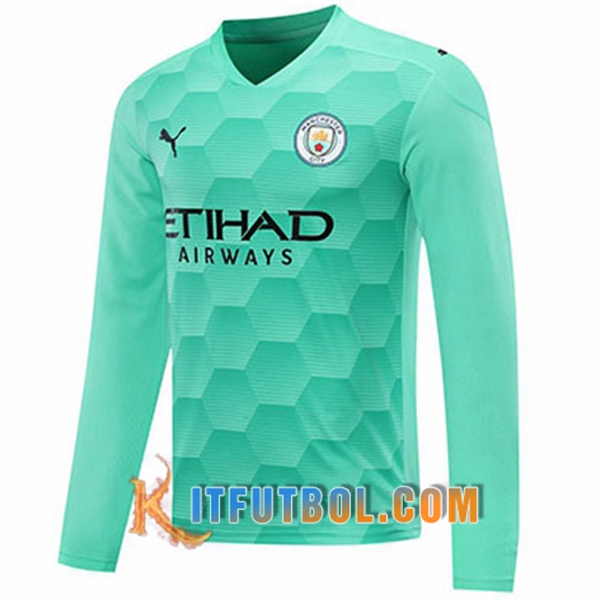 Camisetas Personalizadas Futbol Manchester City Portero Verde Claro Manga Larga 20/21