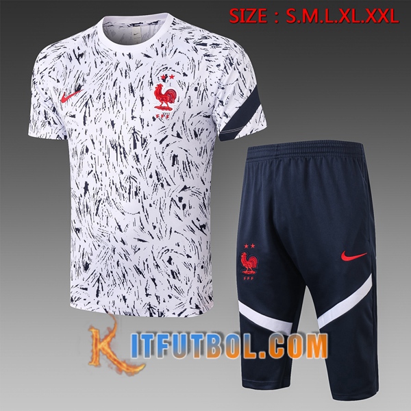 Camisetas de entrenamiento Francia + Pantalones 3/4 Blanco 20/21