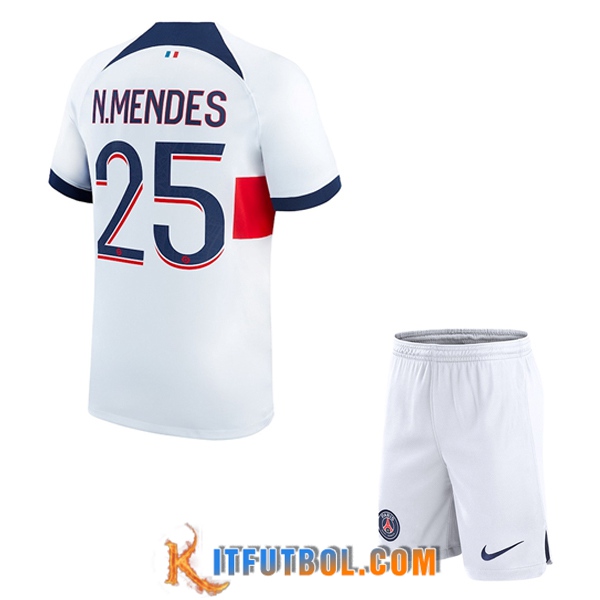 Camisetas De Futbol PSG (N.MENDES #25) Ninos 2023/2024 Segunda