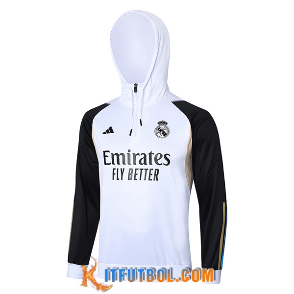 Sudadera De Entrenamiento Capucha Real Madrid Blanco/Negro 2023/2024