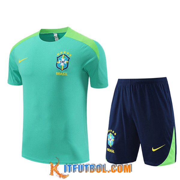 Camiseta Entrenamiento + Cortos Brasil Ninos Verde/Negro 2023/2024