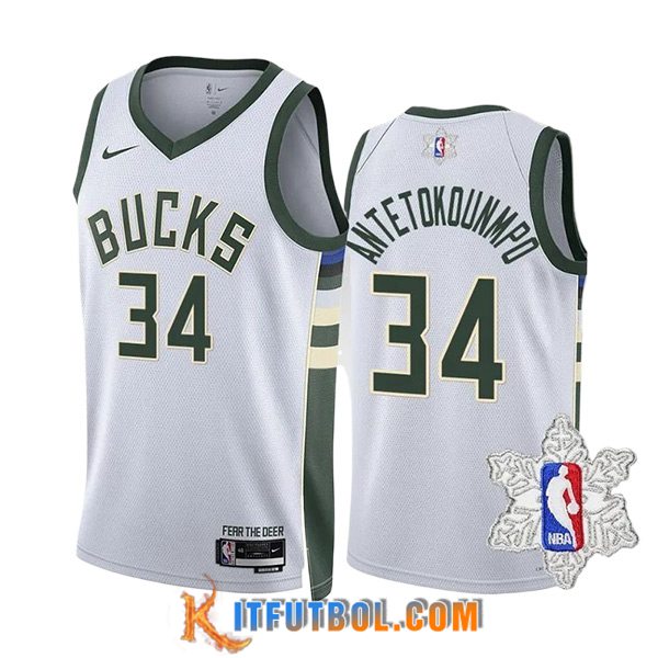 Camisetas Milwaukee Bucks (ANTETOKOUNMPO #34) 2023/24 Blanco/Verde -02