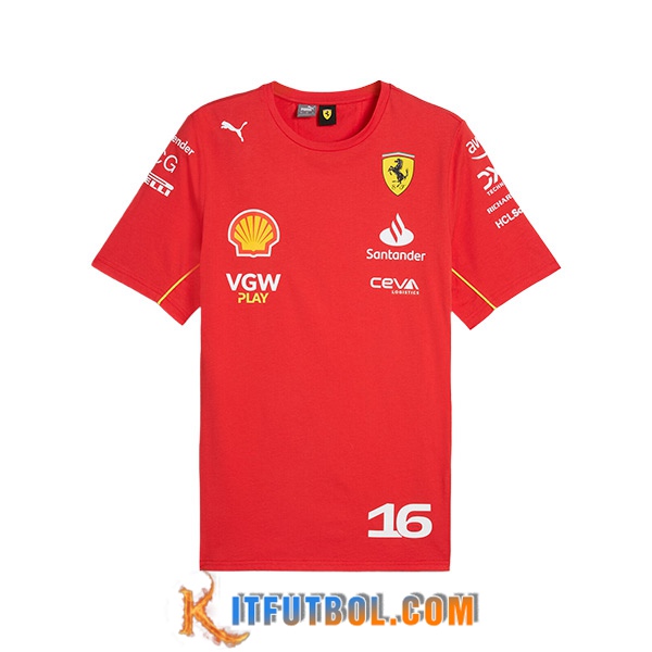 Camiseta de manga corta F1 Scuderia Ferrari Team #16 Rojo/Negro/Amarillo 2024