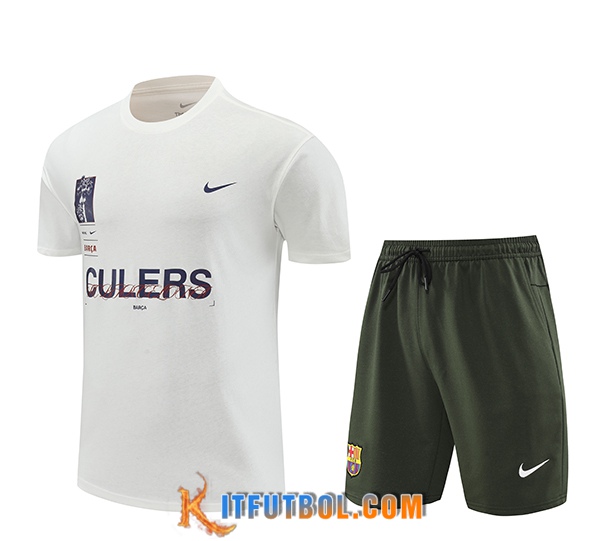 Camiseta Entrenamiento + Cortos FC Barcelona Blanco/Verde 2024/2025