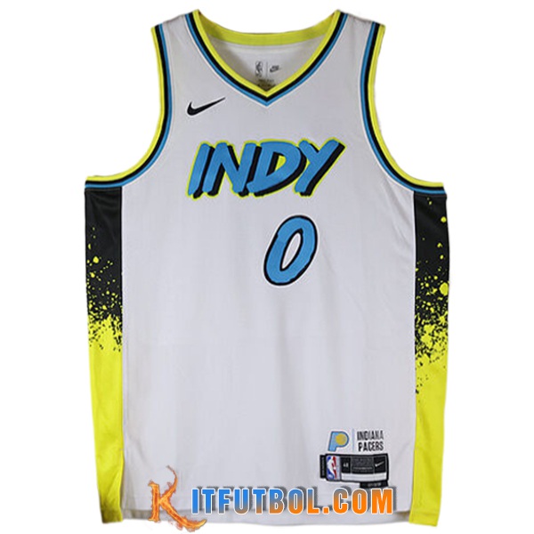 Camisetas Indiana Pacers (HALIBURTON #0) 2024/25 Blanco/Amarillo/Negro/Azul