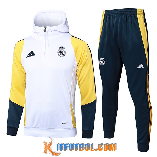 Chaqueta Con Capucha Chandal Rompevientos Chaqueta Real Madrid Blanco/Amarillo/Azul 2024/2025