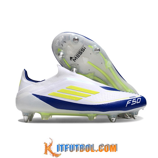 Adidas Botas De Fútbol F50 Elite Laceless SG Blanco/Azul/Amarillo