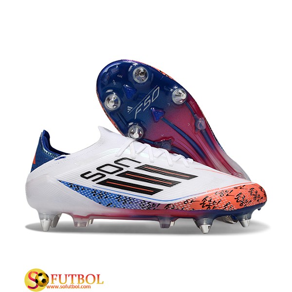 Adidas Botas De Fútbol F50 Elite SG Blanco/Negro/Azul/Naranja